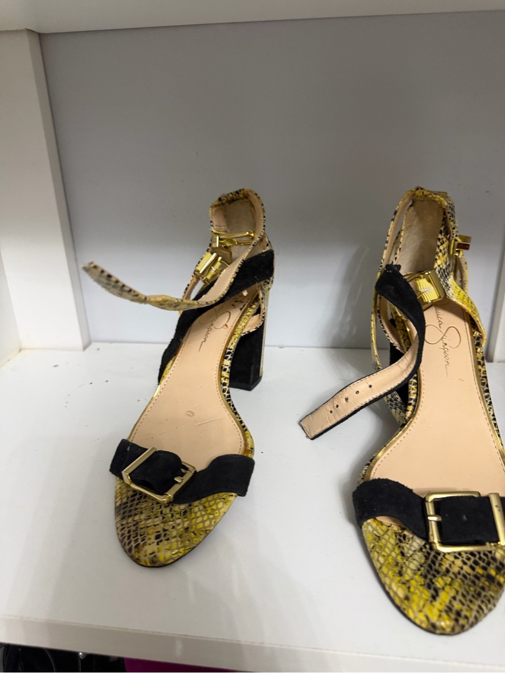 Jessica Simpson Yellow Snake-Print Block Heels with Black Trim